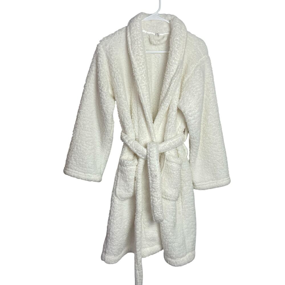 Pottery Barn Womens Bathrobe Sz S Off White Teddy Bear Fleece Belted Knee Length
